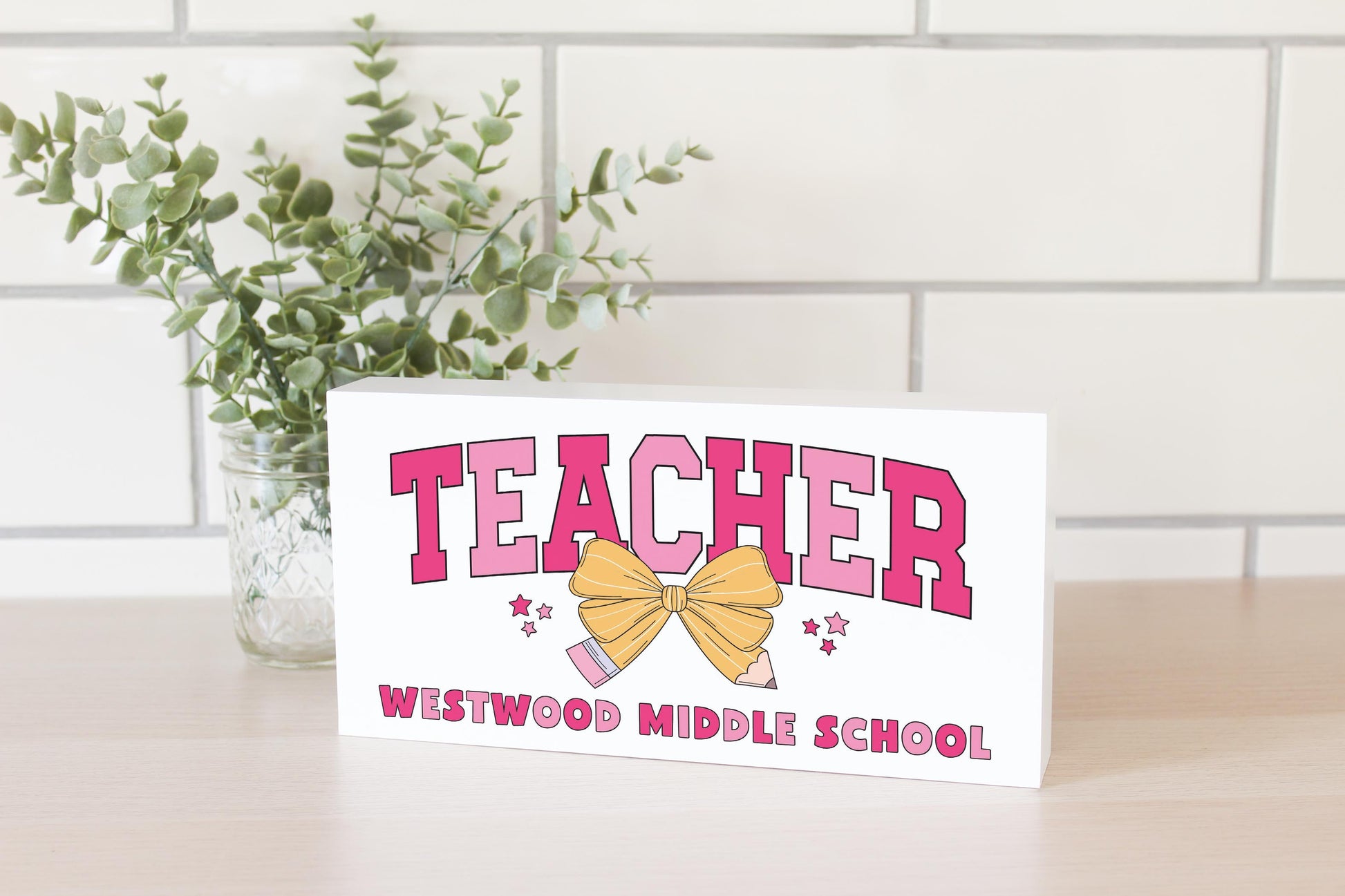 5x10 Wood Block Horizontal-Love+Local Classroom Coquette Teacher Pencil Bow -2