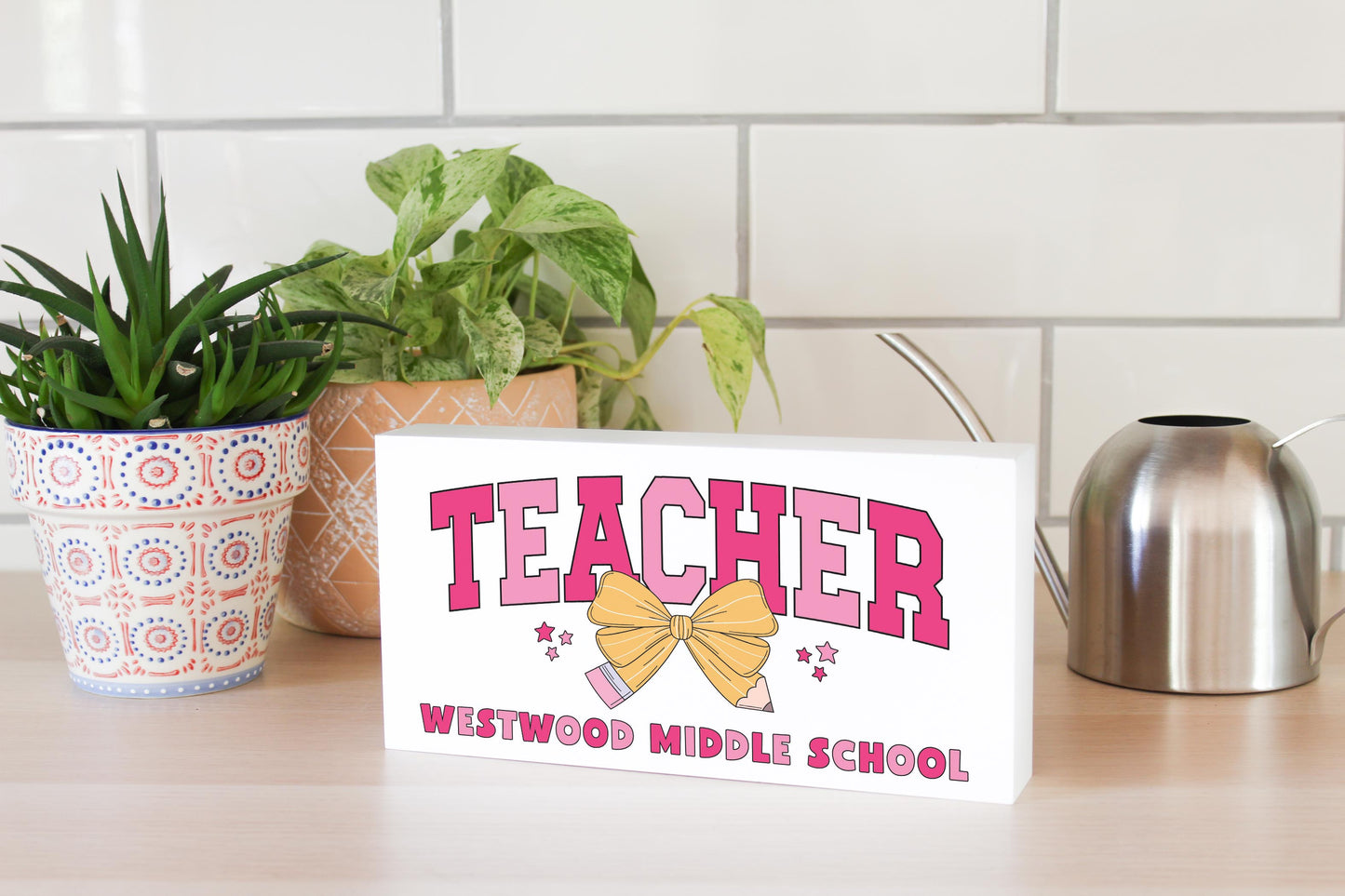5x10 Wood Block Horizontal-Love+Local Classroom Coquette Teacher Pencil Bow -3