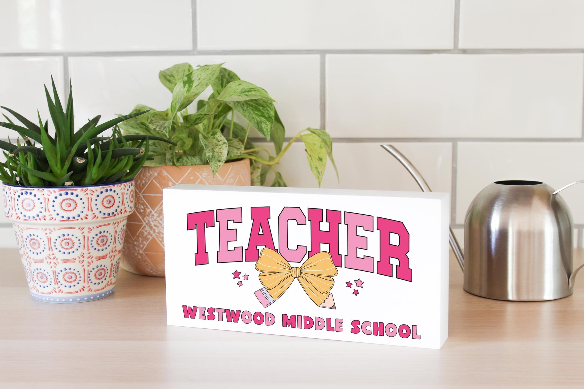 5x10 Wood Block Horizontal-Love+Local Classroom Coquette Teacher Pencil Bow -3