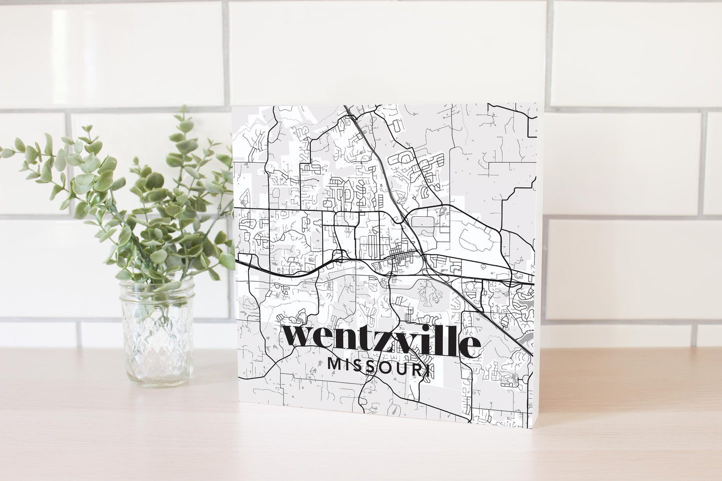 10x10 Wood Block-Black & White Minimalistic Wentzville Missouri Map