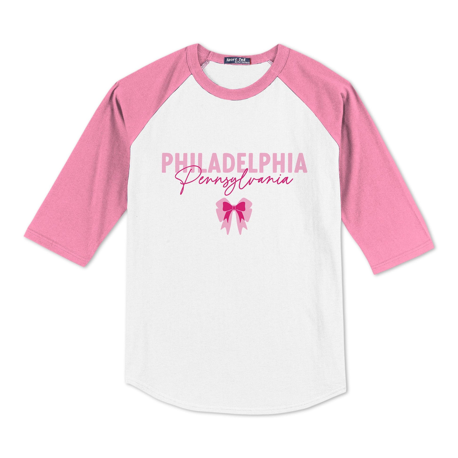Sport-Tek® Youth Colorblock Raglan Pink/White-Love+Local Bonita Bows -0