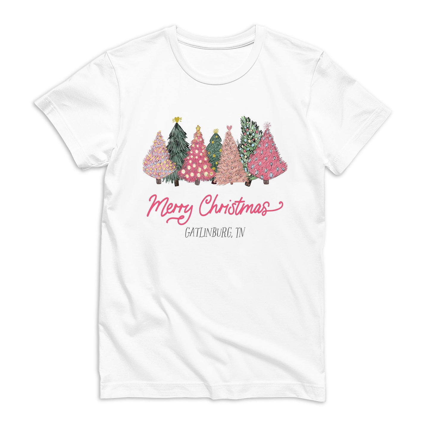 Bella Canvas Youth T-Shirt White-Pink Trees Gatlinburg Tennessee -0