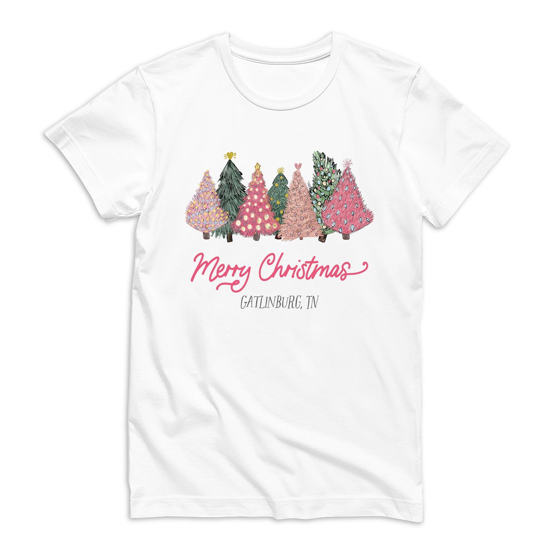 Bella Canvas Youth T-Shirt White-Pink Trees Gatlinburg Tennessee -0