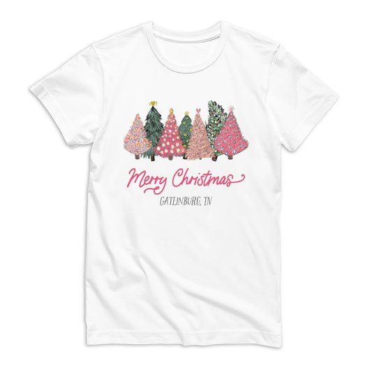 Bella Canvas Youth T-Shirt White-Pink Trees Gatlinburg Tennessee -0