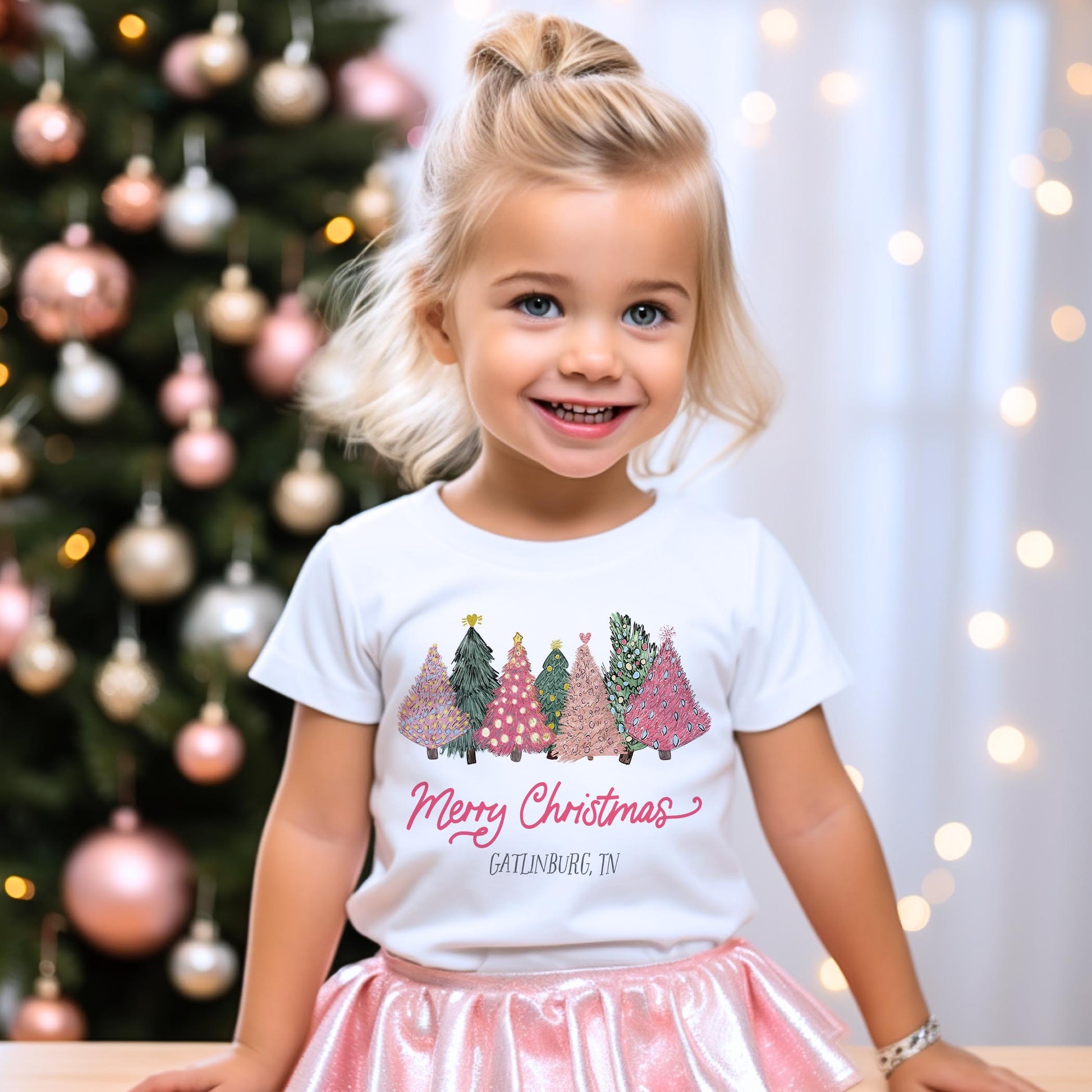 Bella Canvas Youth T-Shirt White-Pink Trees Gatlinburg Tennessee -3