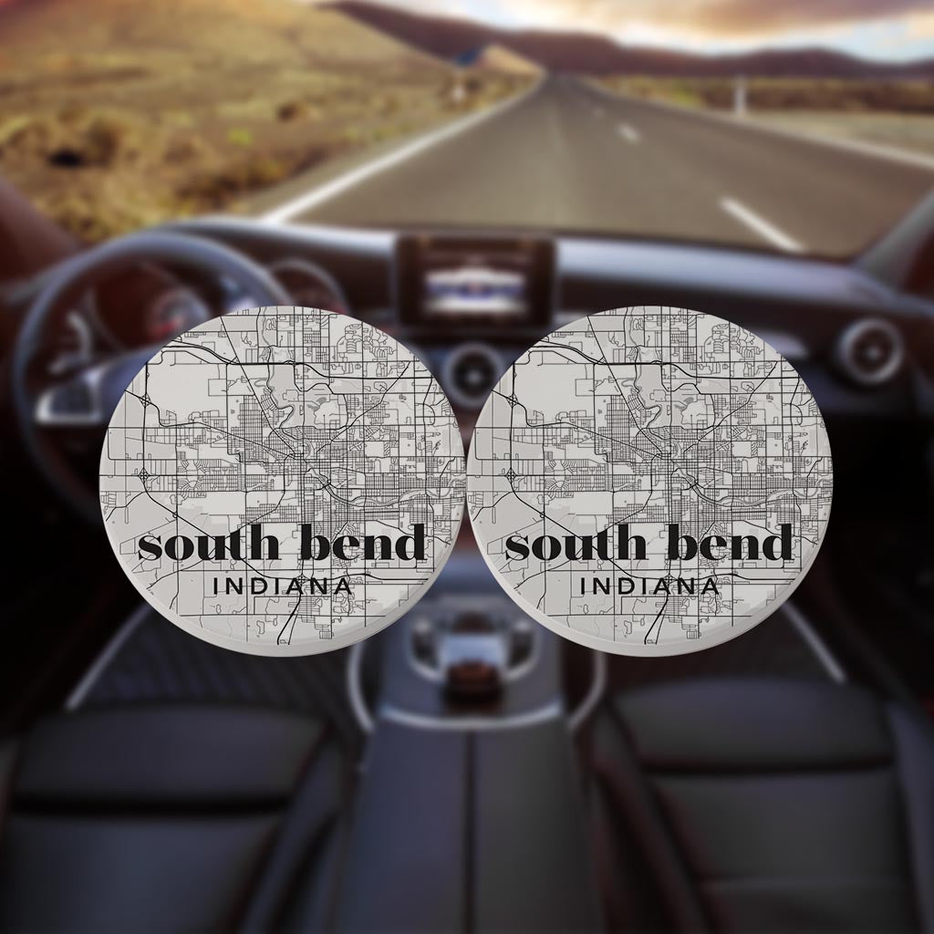 Black And White White Map Indiana South Bend| Absorbent Car Coasters | Set of 2 | Min 4