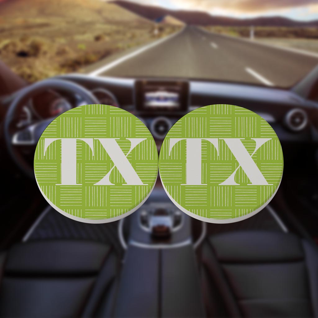Bright Modern Abbreviated On Green Texas | Absorbent Car Coasters | Set of 2 | Min 4