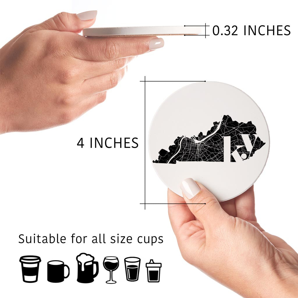 Black And White Abbreviated State Map White Kentucky| Absorbent Coasters | Set of 4 | Min 2