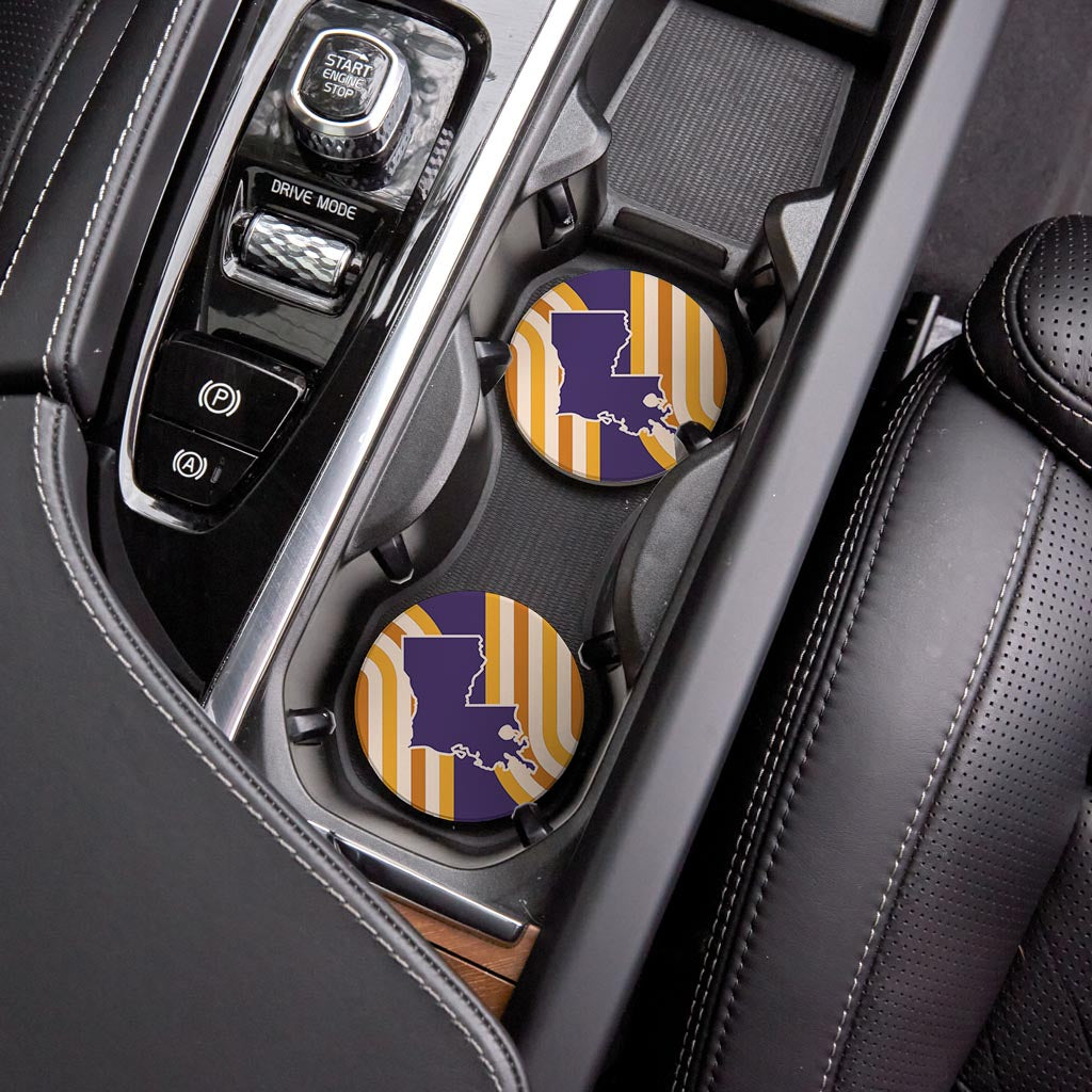 Purple Gold Louisiana Retro State Shape | Absorbent Car Coasters | Set of 2 | Min 4