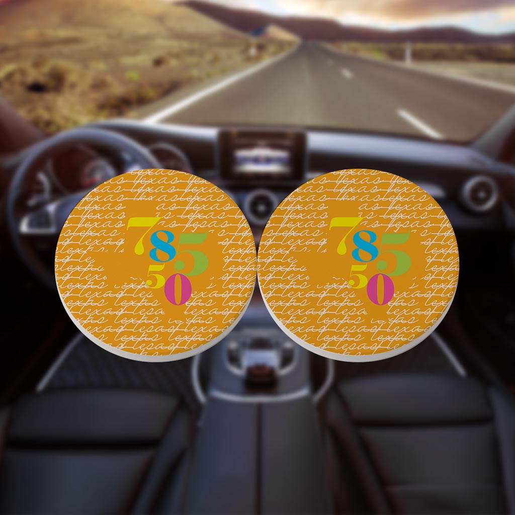 Bright Modern State Script Orange Texas Harlingen | Absorbent Car Coasters | Set of 2 | Min 4