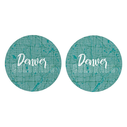 Boho Color Blue Map Colorado Denver | Absorbent Car Coasters | Set of 2 | Min 4