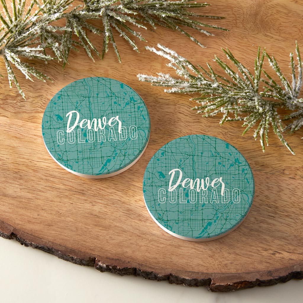 Boho Color Blue Map Colorado Denver | Absorbent Car Coasters | Set of 2 | Min 4