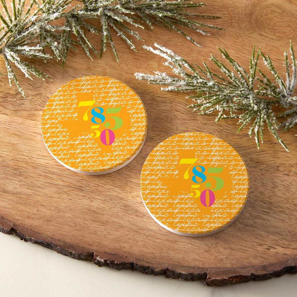Bright Modern State Script Orange Texas Harlingen | Absorbent Car Coasters | Set of 2 | Min 4