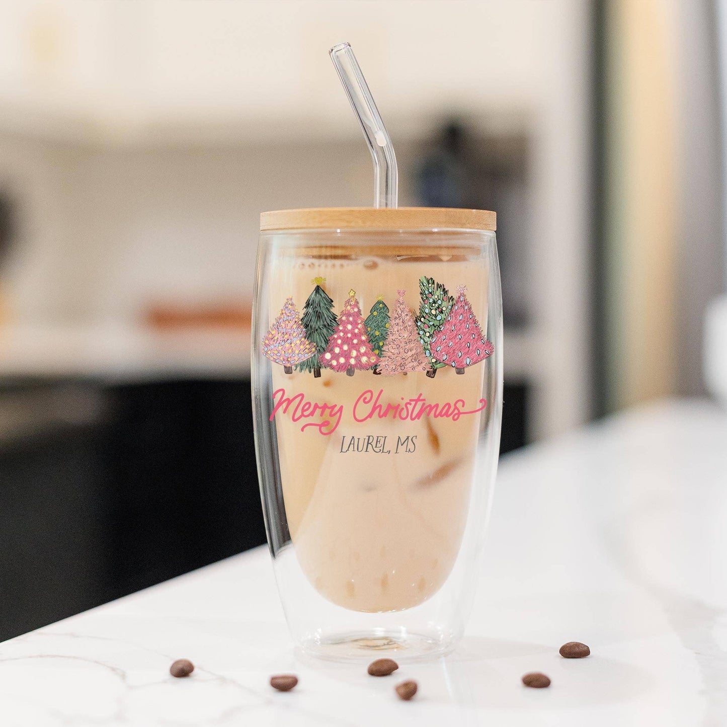 16oz Custom Insulated Glass Tumbler Pink Christmas Trees