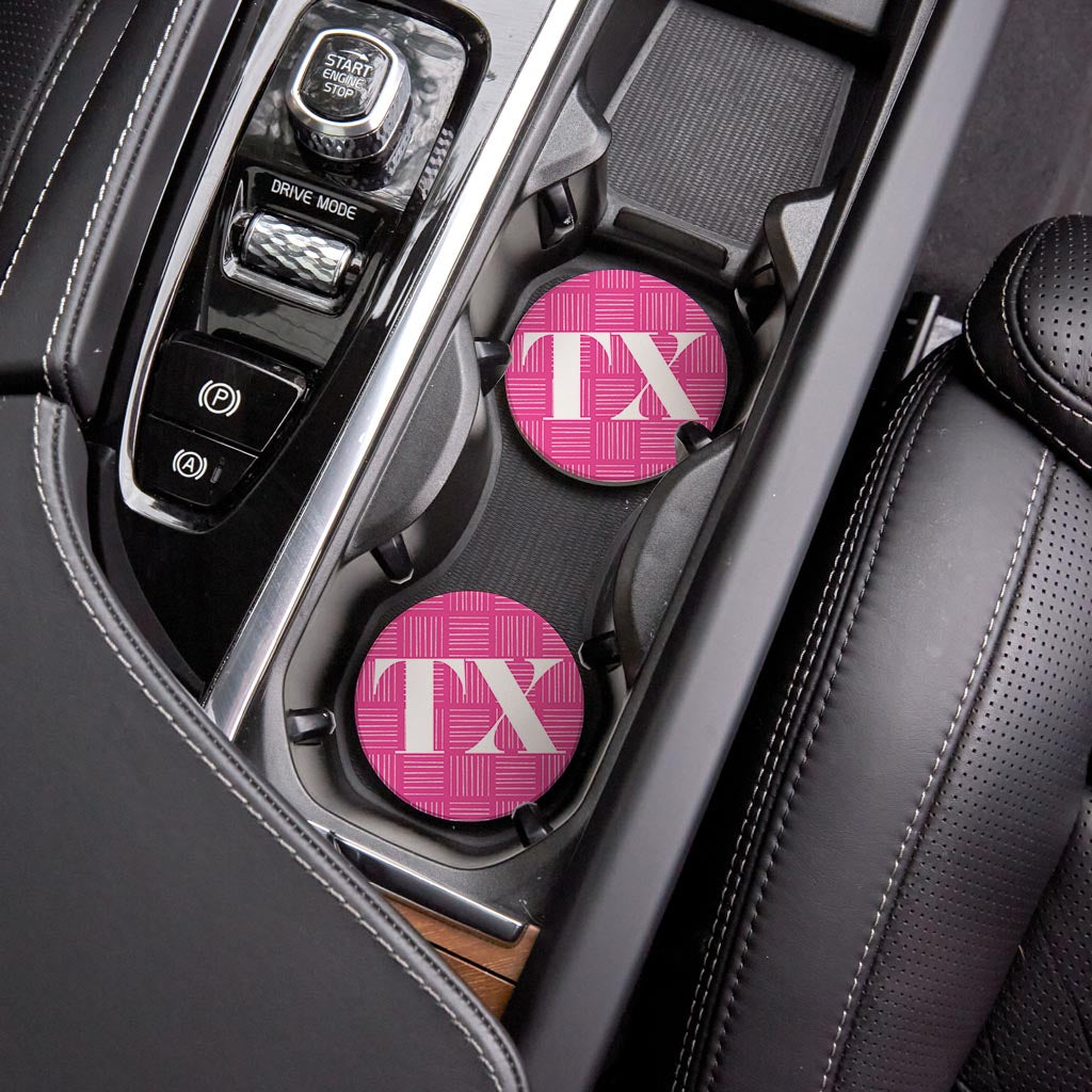 Bright Modern Abbreviated On Pink Texas | Absorbent Car Coasters | Set of 2 | Min 4