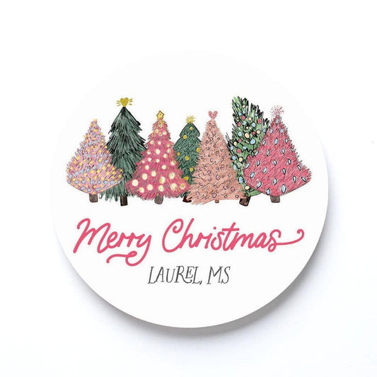 Round Coaster, Pink Christmas Trees, Custom Name Drop, Gift