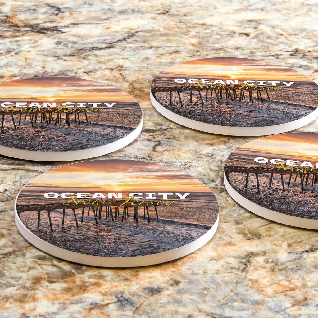 Fishing Pier Sunrise Round Coaster| Absorbent Coasters | Set of 4 | Min 2