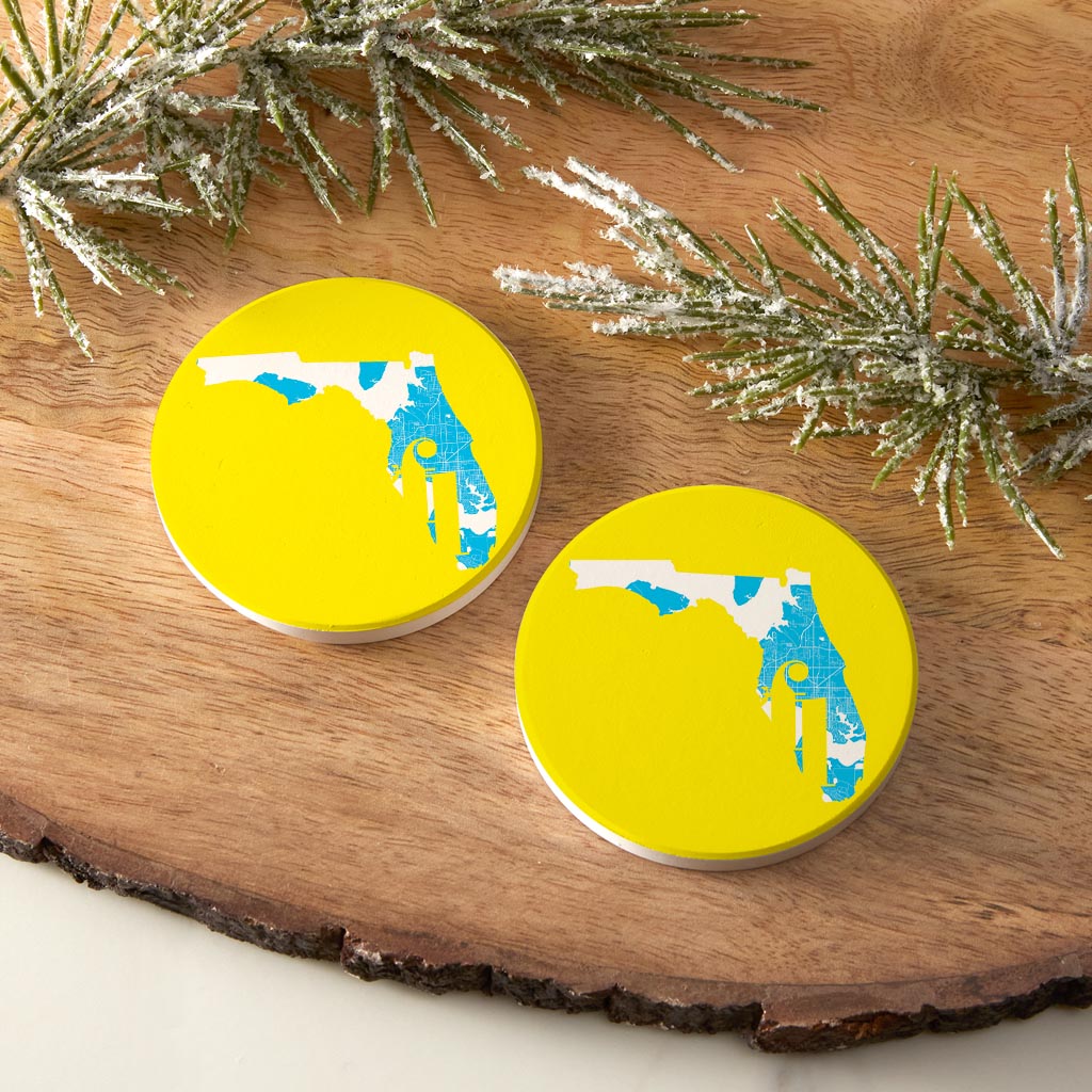 Bright Modern Abbreviated State Yellow Florida Panama | Absorbent Car Coasters | Set of 2 | Min 4