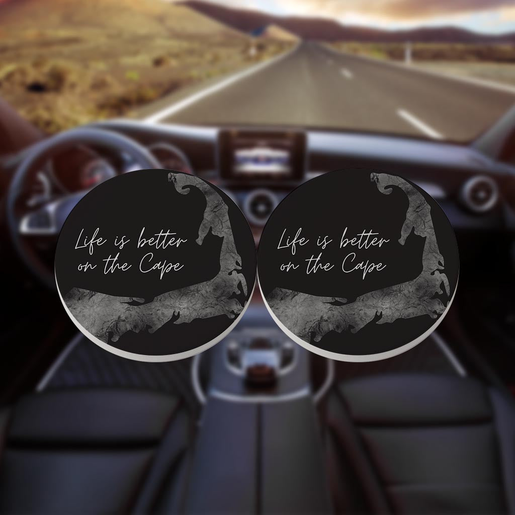 Minimalistic B&W Cape Cod Life Is Better | Absorbent Car Coasters | Set of 2 | Min 4