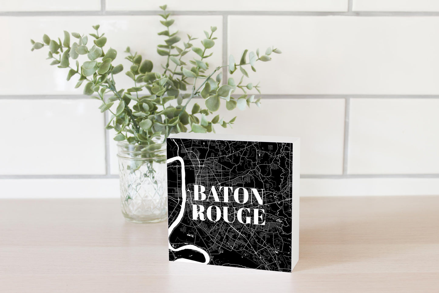 Minimalistic Baton Rouge Black Map | Wood Block | Eaches | Min 4