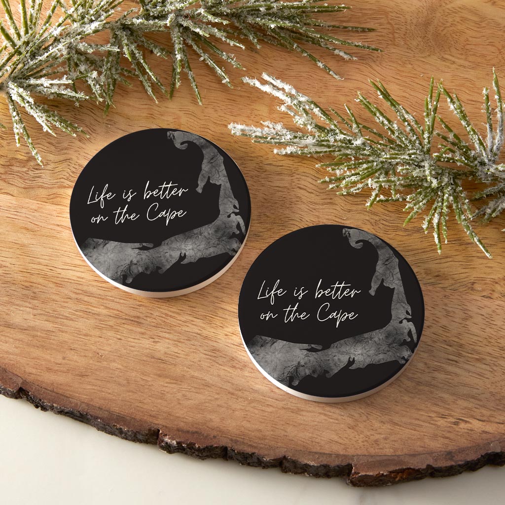Minimalistic B&W Cape Cod Life Is Better | Absorbent Car Coasters | Set of 2 | Min 4