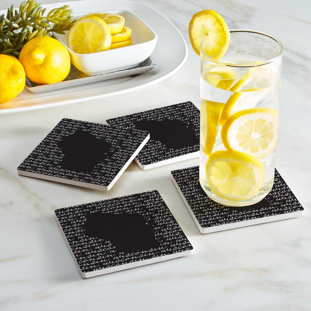 Black And White State Script Wisconsin| Absorbent Coasters | Set of 4 | Min 2