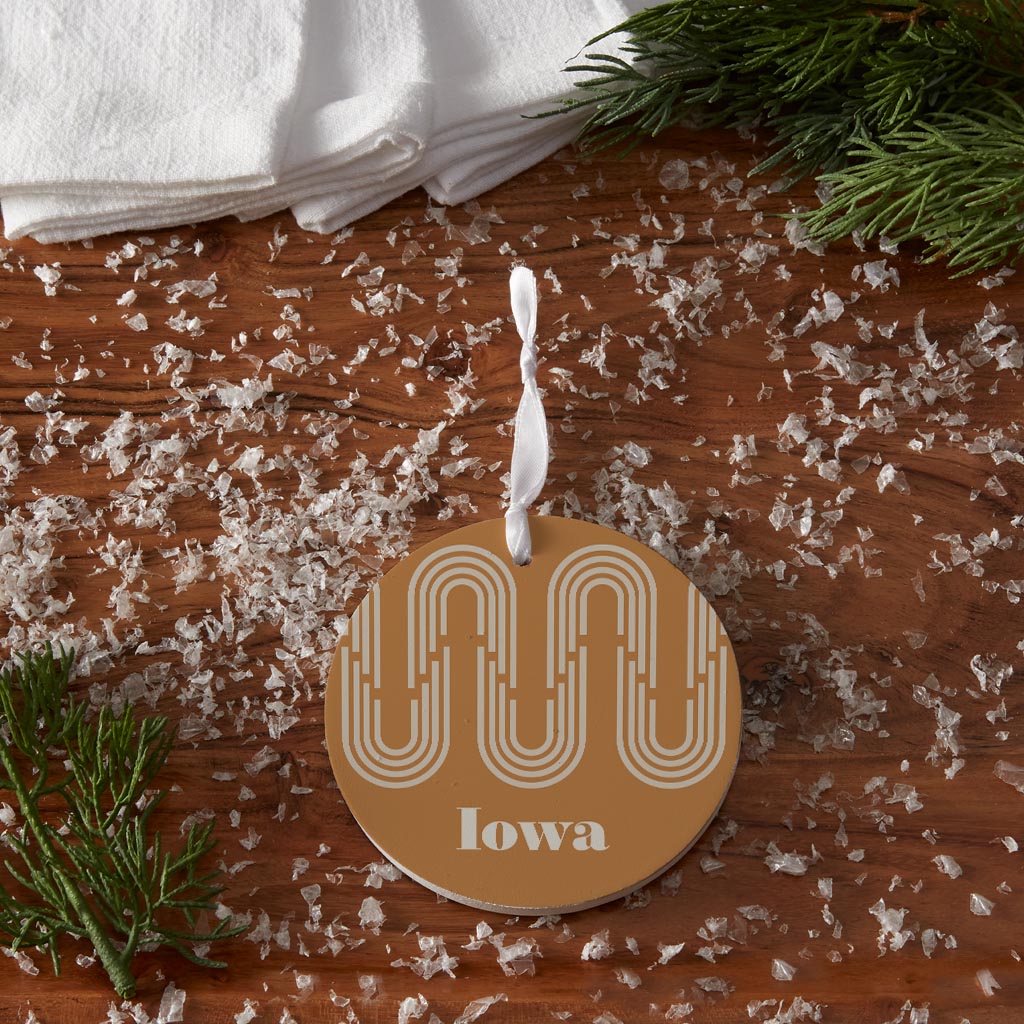 Vintage Groove Yellow Wave Lines Iowa | Wood Ornament | Eaches | Min 6