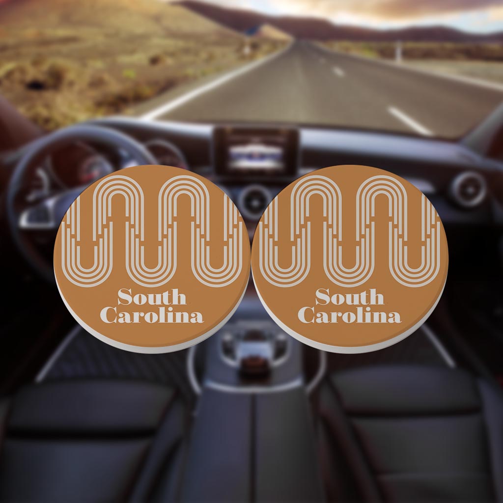 Vintage Groove Yellow Wave Lines South Carolina| Absorbent Car Coasters | Set of 2 | Min 4