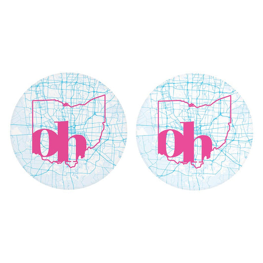 Bright Modern Abbreviated State Map Blue Ohio Columbus | Absorbent Car Coasters | Set of 2 | Min 4