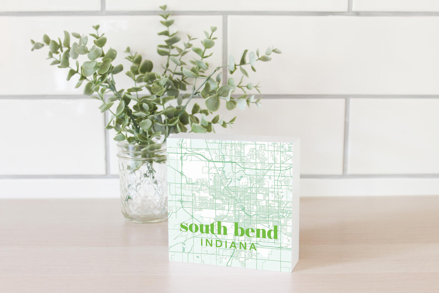Bright Modern Green Map Indiana South Bend| Wood Block | Eaches | Min 4