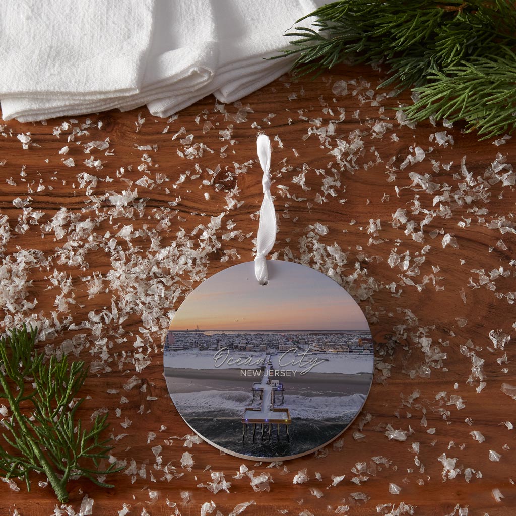 OCNJ Fishing Pier Snow Christmas Ornament| Wood Ornament | Eaches | Min 6