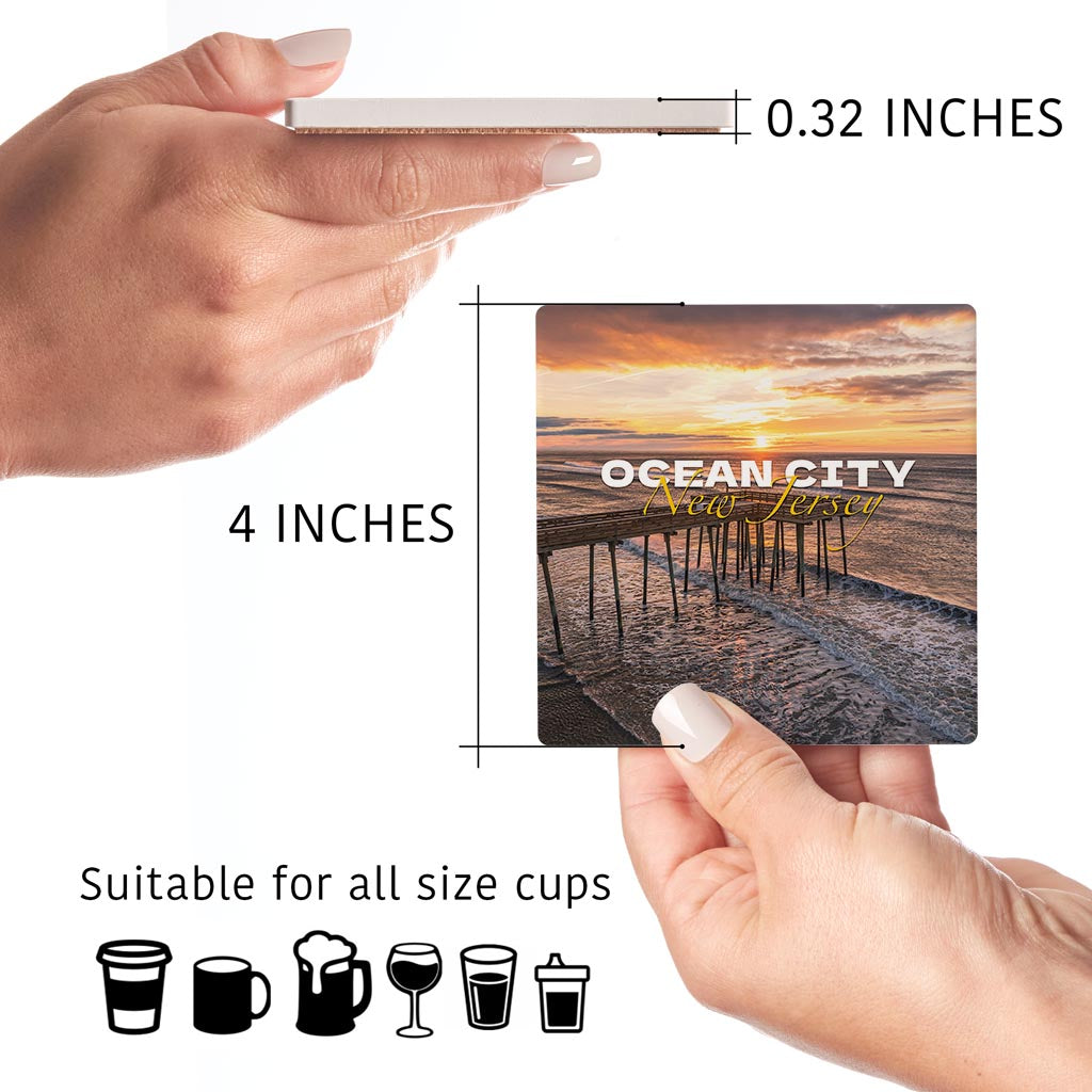 Fishing Pier Sunrise Square Coaster| Absorbent Coasters | Set of 4 | Min 2