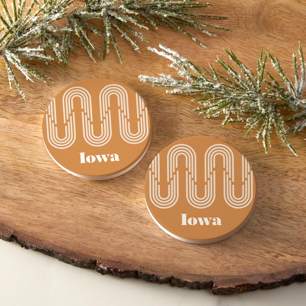 Vintage Groove Yellow Wave Lines Iowa| Absorbent Car Coasters | Set of 2 | Min 4
