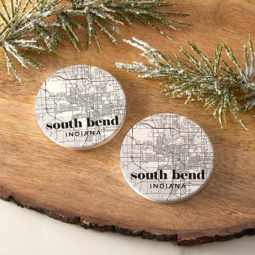 Black And White White Map Indiana South Bend| Absorbent Car Coasters | Set of 2 | Min 4