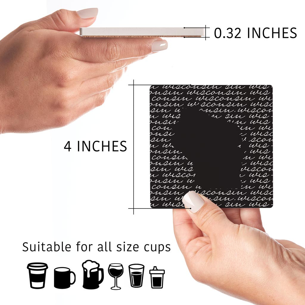 Black And White State Script Wisconsin| Absorbent Coasters | Set of 4 | Min 2
