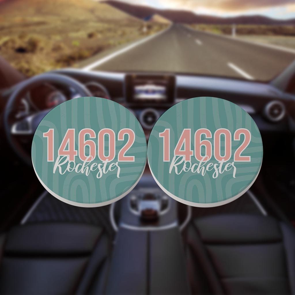 Boho Color City Zip On Blue New York Rochester | Absorbent Car Coasters | Set of 2 | Min 4