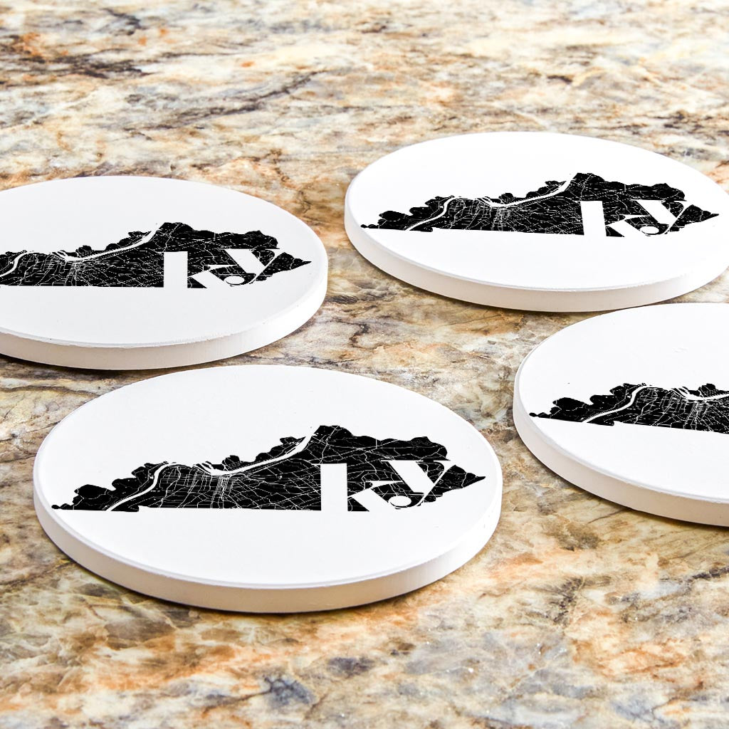 Black And White Abbreviated State Map White Kentucky| Absorbent Coasters | Set of 4 | Min 2