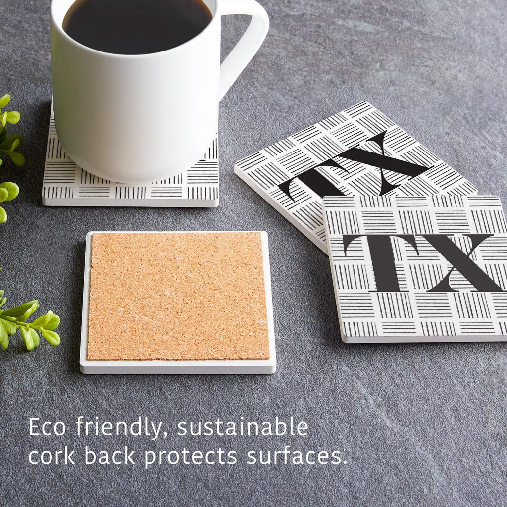 Black And White Abbreviated On White Texas | Absorbent Coasters | Set of 4 | Min 2