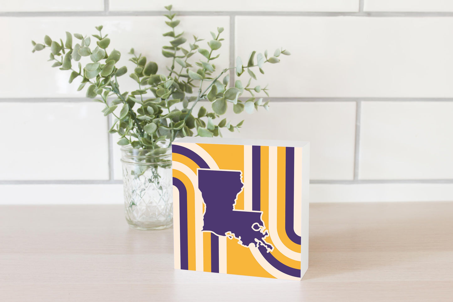 Purple Gold Louisiana Retro State Shape | Wood Block | Eaches | Min 4