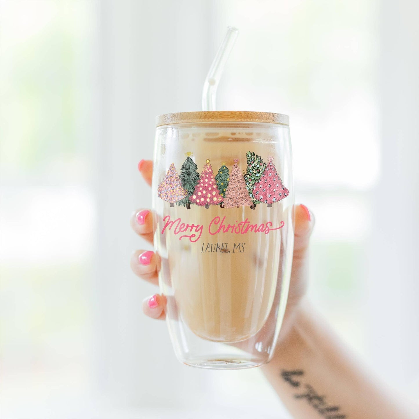 16oz Custom Insulated Glass Tumbler Pink Christmas Trees