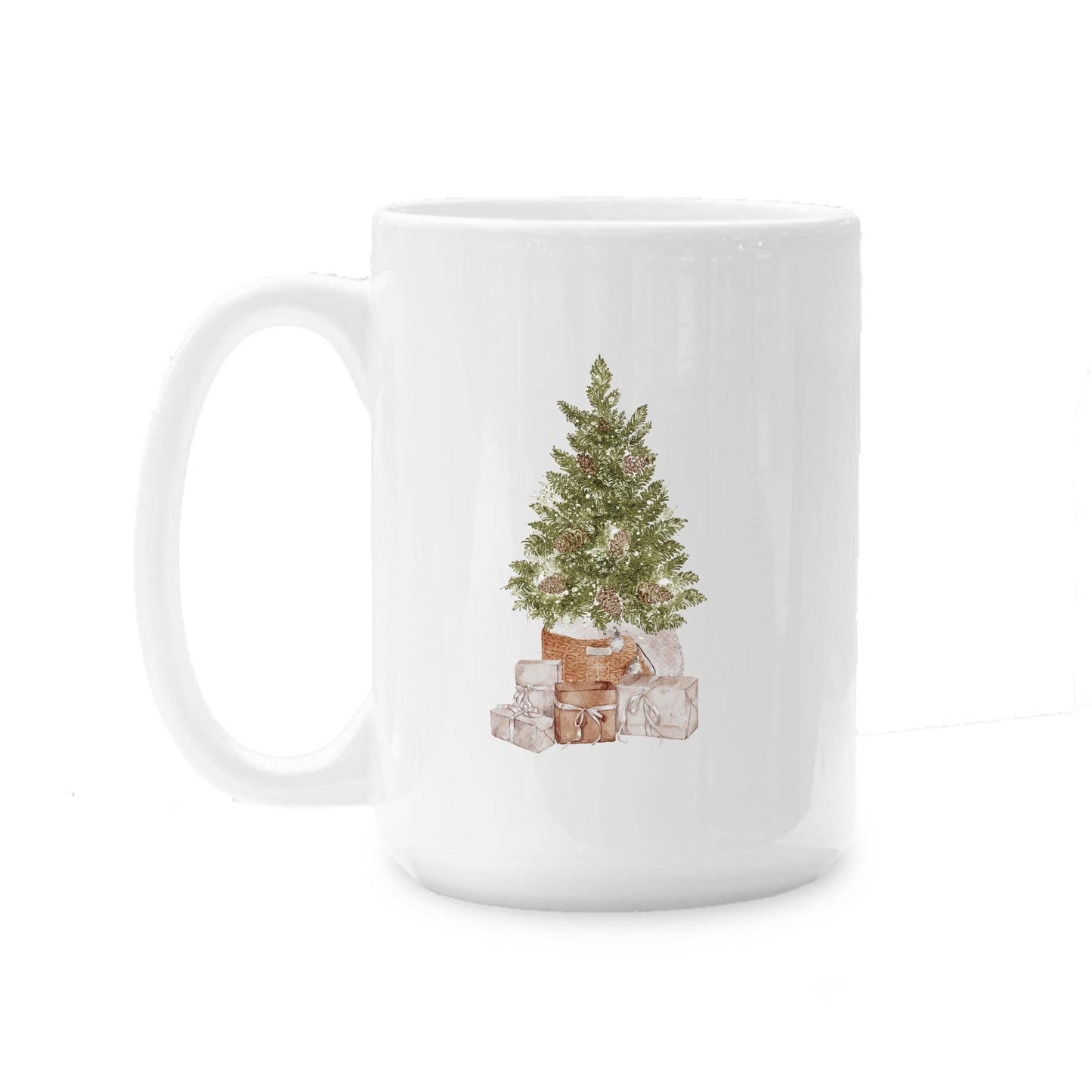 15oz Custom Ceramic Coffee Mug Christmas Cottage Tree Detail