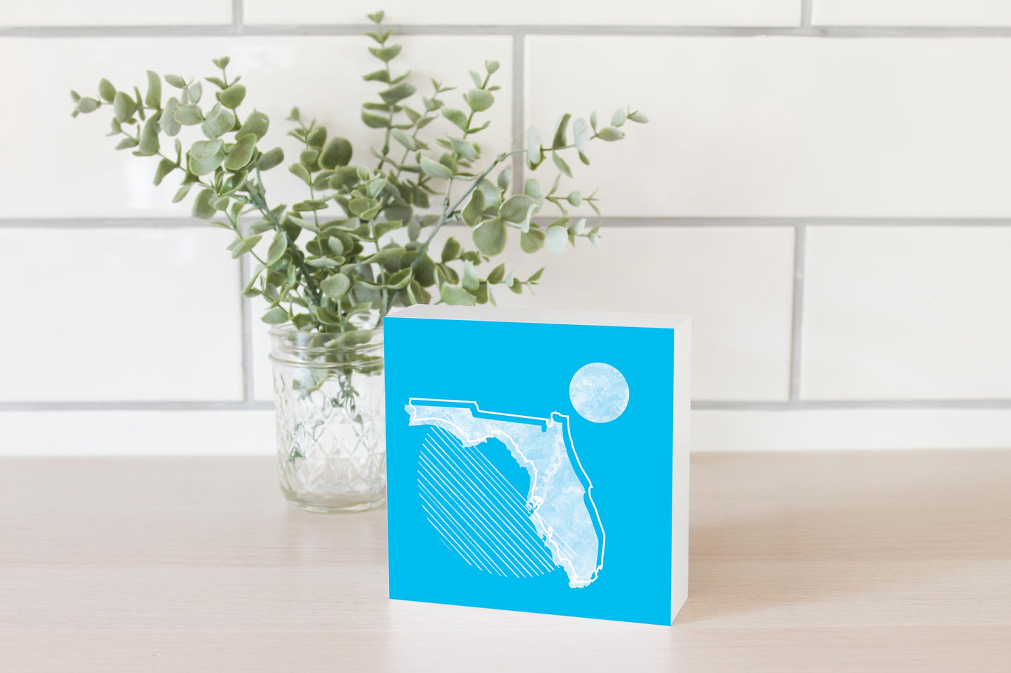 Bright Modern Geometric On Blue Florida | Wood Block | Eaches | Min 4
