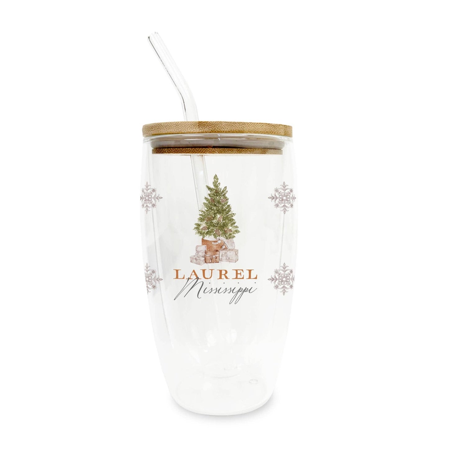 16oz Custom Insulated Glass Tumbler Christmas Cottage Tree