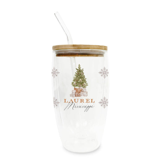 16oz Custom Insulated Glass Tumbler Christmas Cottage Tree