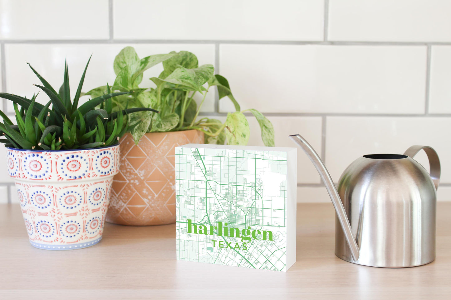 Bright Modern Green Map Texas Harlingen | Wood Block | Eaches | Min 4
