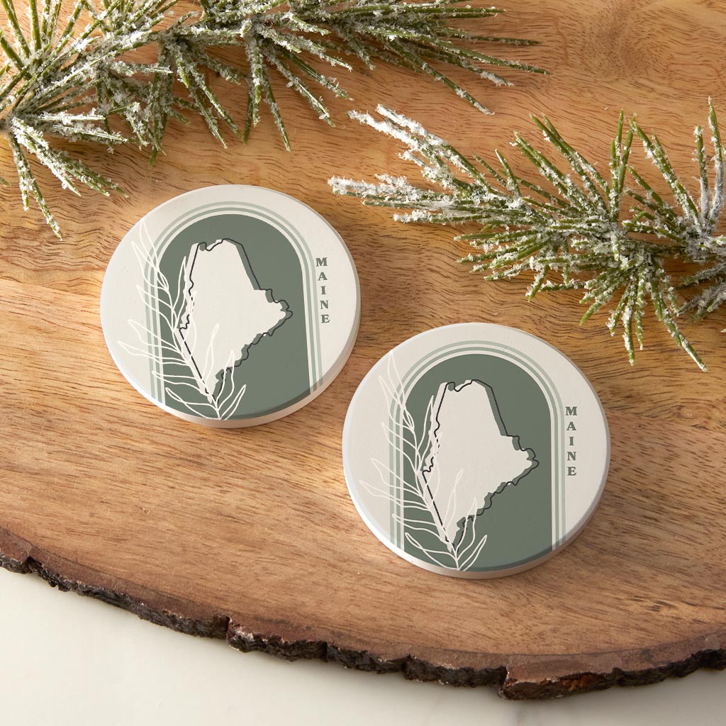 Vintage Groove State With Leaf Maine | Absorbent Car Coasters | Set of 2 | Min 4