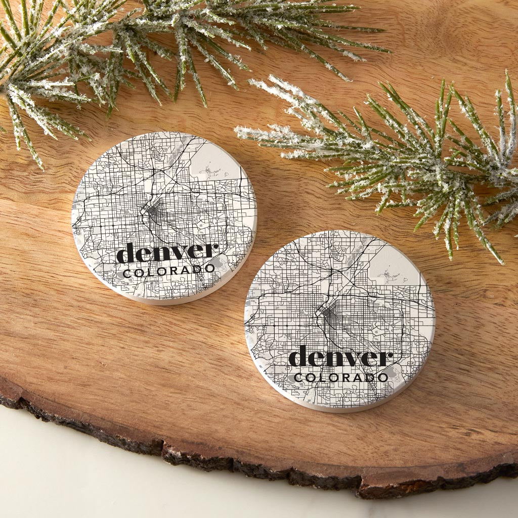 Black And White White Map Colorado Denver | Absorbent Car Coasters | Set of 2 | Min 4