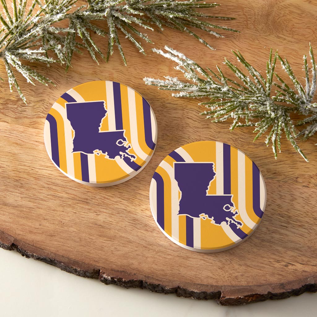 Purple Gold Louisiana Retro State Shape | Absorbent Car Coasters | Set of 2 | Min 4