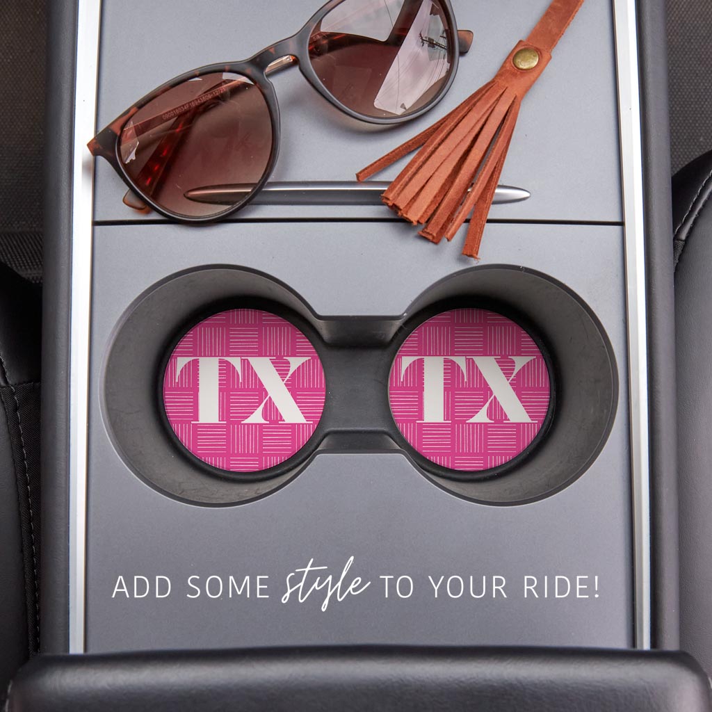 Bright Modern Abbreviated On Pink Texas | Absorbent Car Coasters | Set of 2 | Min 4