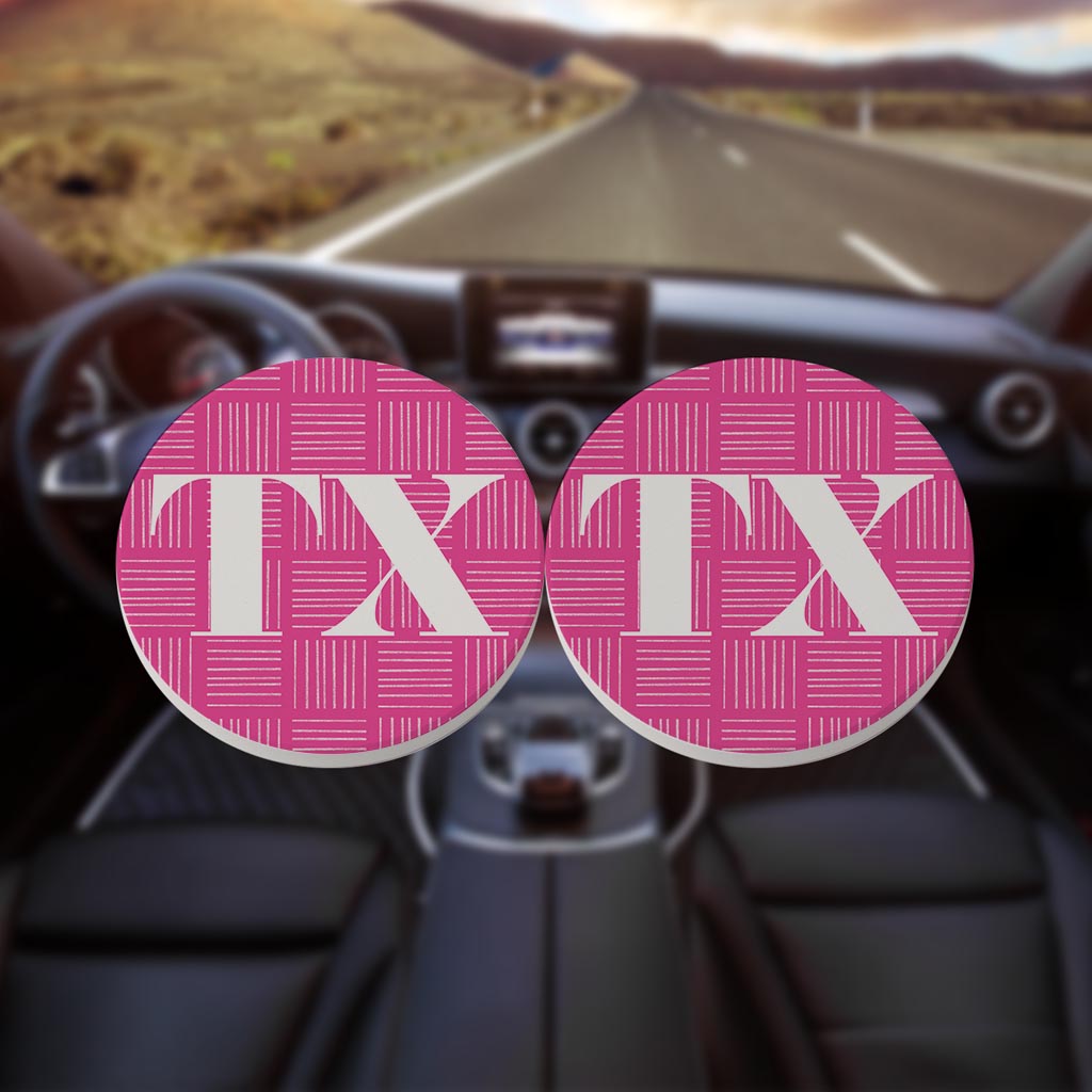 Bright Modern Abbreviated On Pink Texas | Absorbent Car Coasters | Set of 2 | Min 4